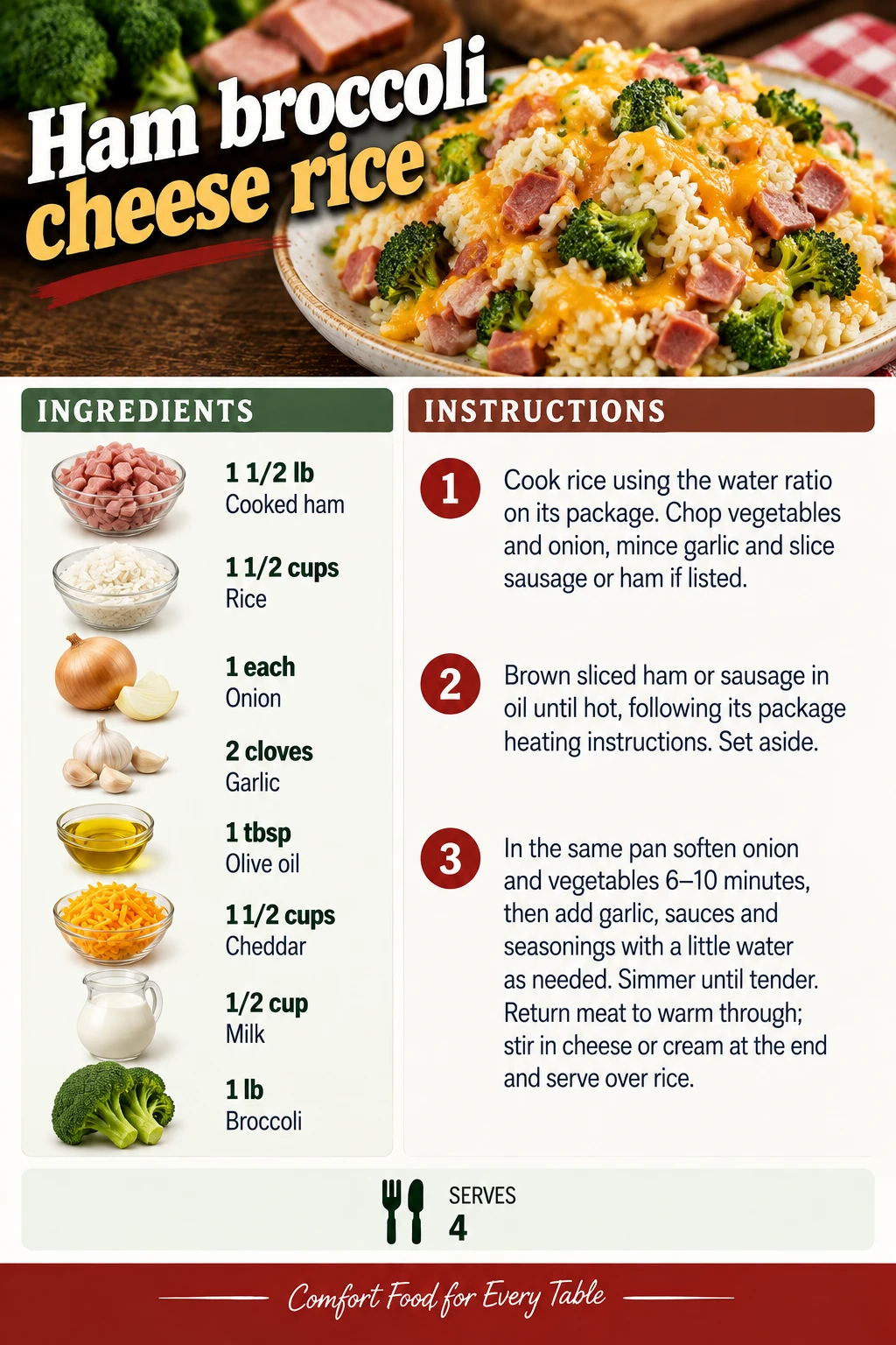 Saved Ham broccoli cheese rice recipe card; accessible ingredients and instructions are listed above.