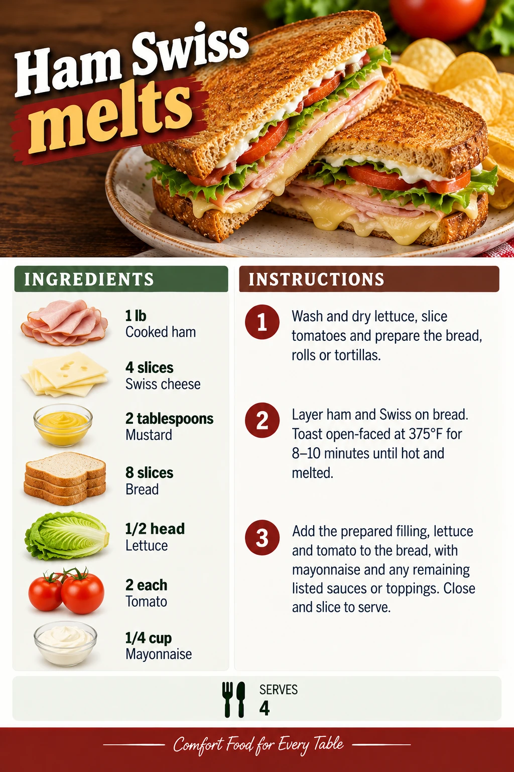 Saved Ham Swiss melts recipe card; accessible ingredients and instructions are listed above.