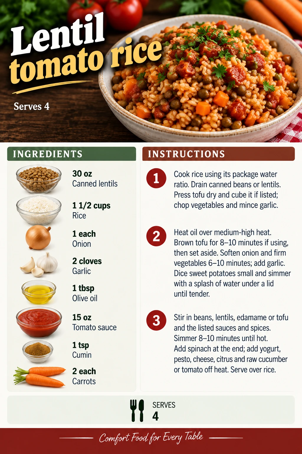 Saved Lentil tomato rice recipe card; accessible ingredients and instructions are listed above.