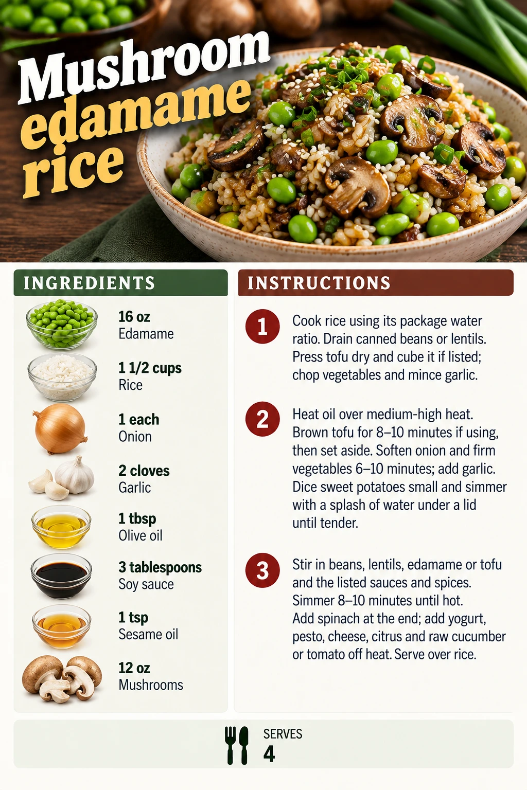 Saved Mushroom edamame rice recipe card; accessible ingredients and instructions are listed above.