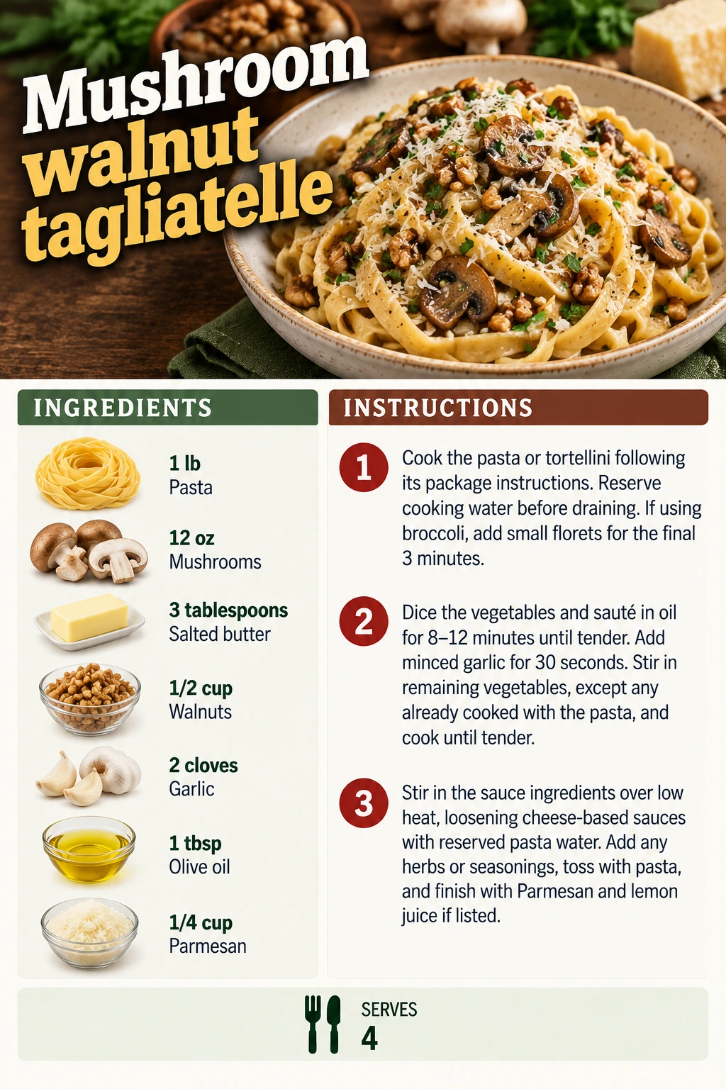 Saved Mushroom walnut tagliatelle recipe card; accessible ingredients and instructions are listed above.