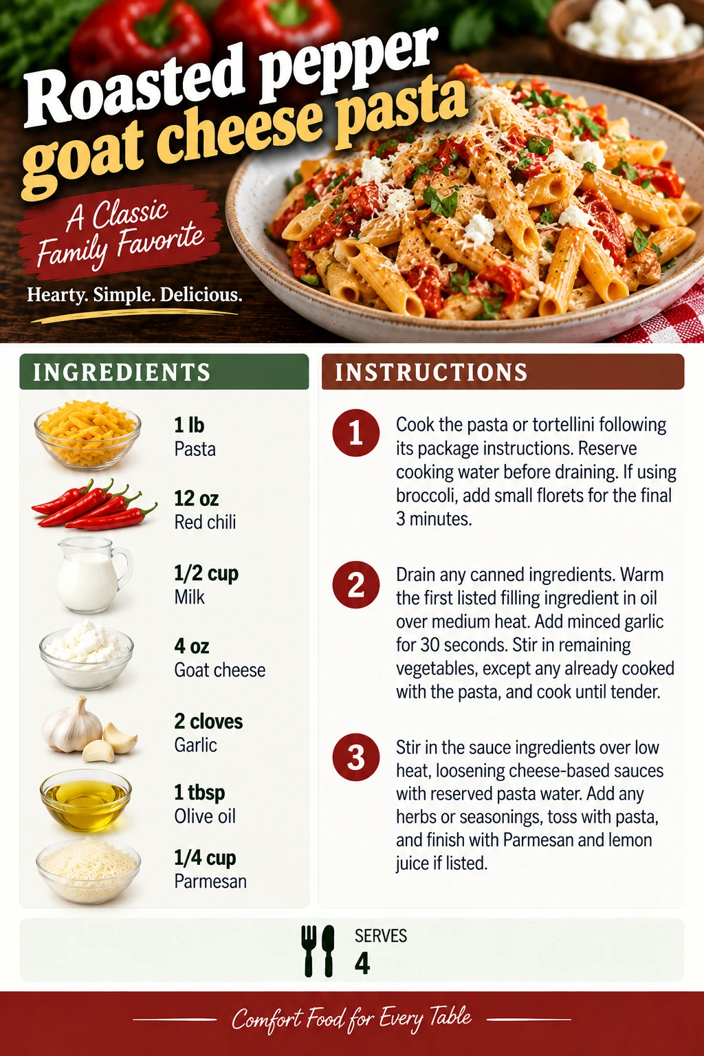 Saved Roasted pepper goat cheese pasta recipe card; accessible ingredients and instructions are listed above.