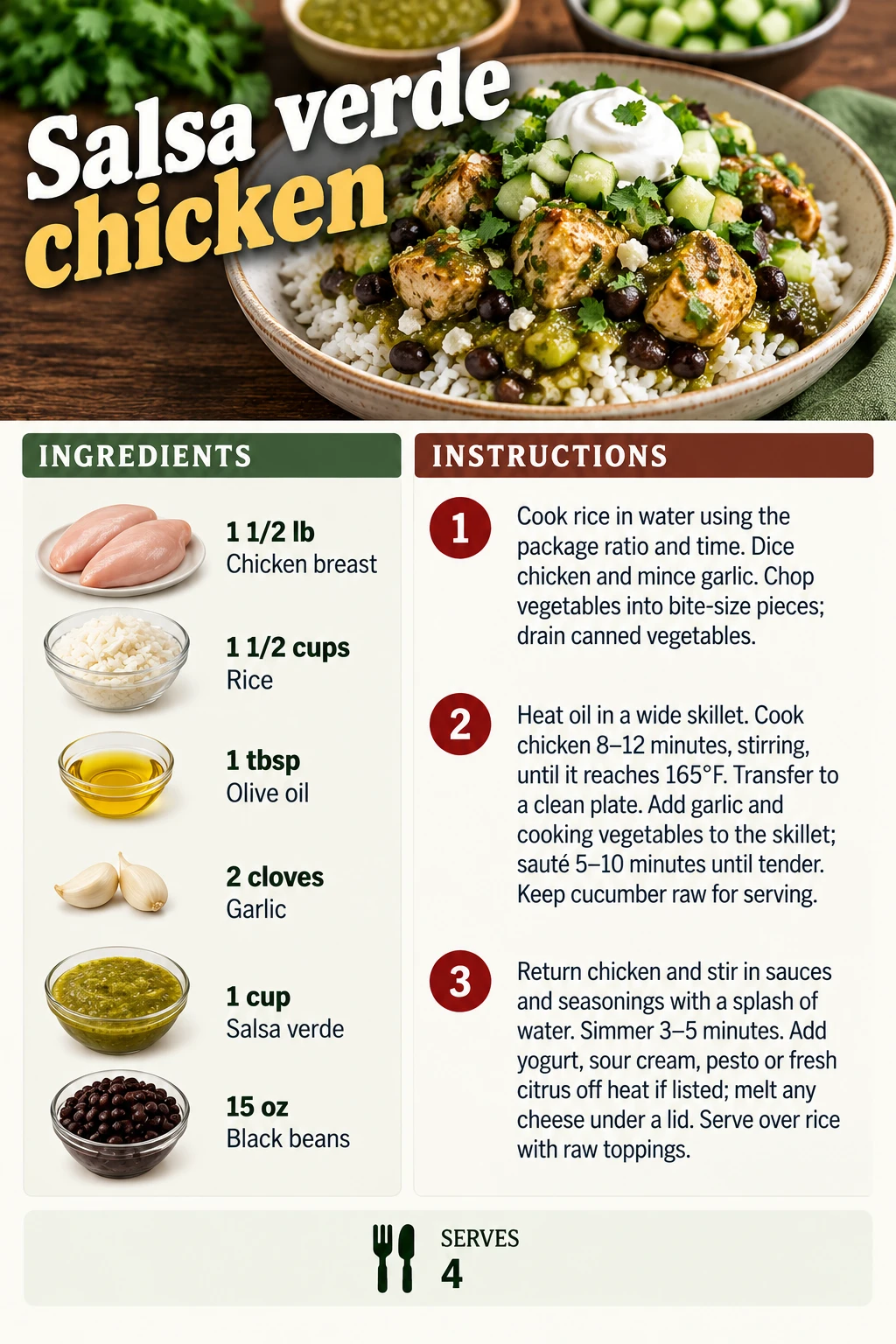 Saved Salsa verde chicken recipe card; accessible ingredients and instructions are listed above.