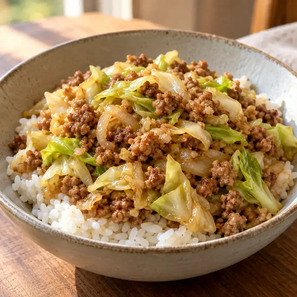 Sesame pork cabbage rice — serving inspiration