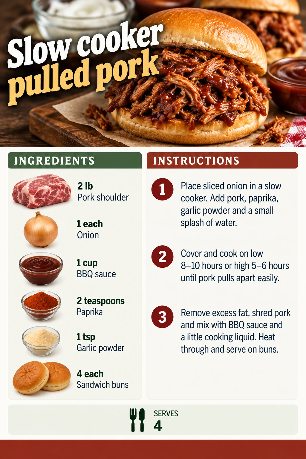 Saved Slow cooker pulled pork recipe card; accessible ingredients and instructions are listed above.