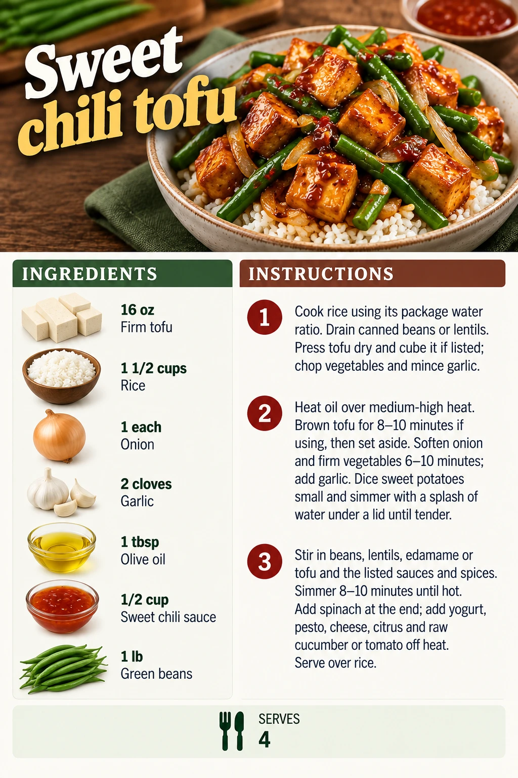 Saved Sweet chili tofu recipe card; accessible ingredients and instructions are listed above.