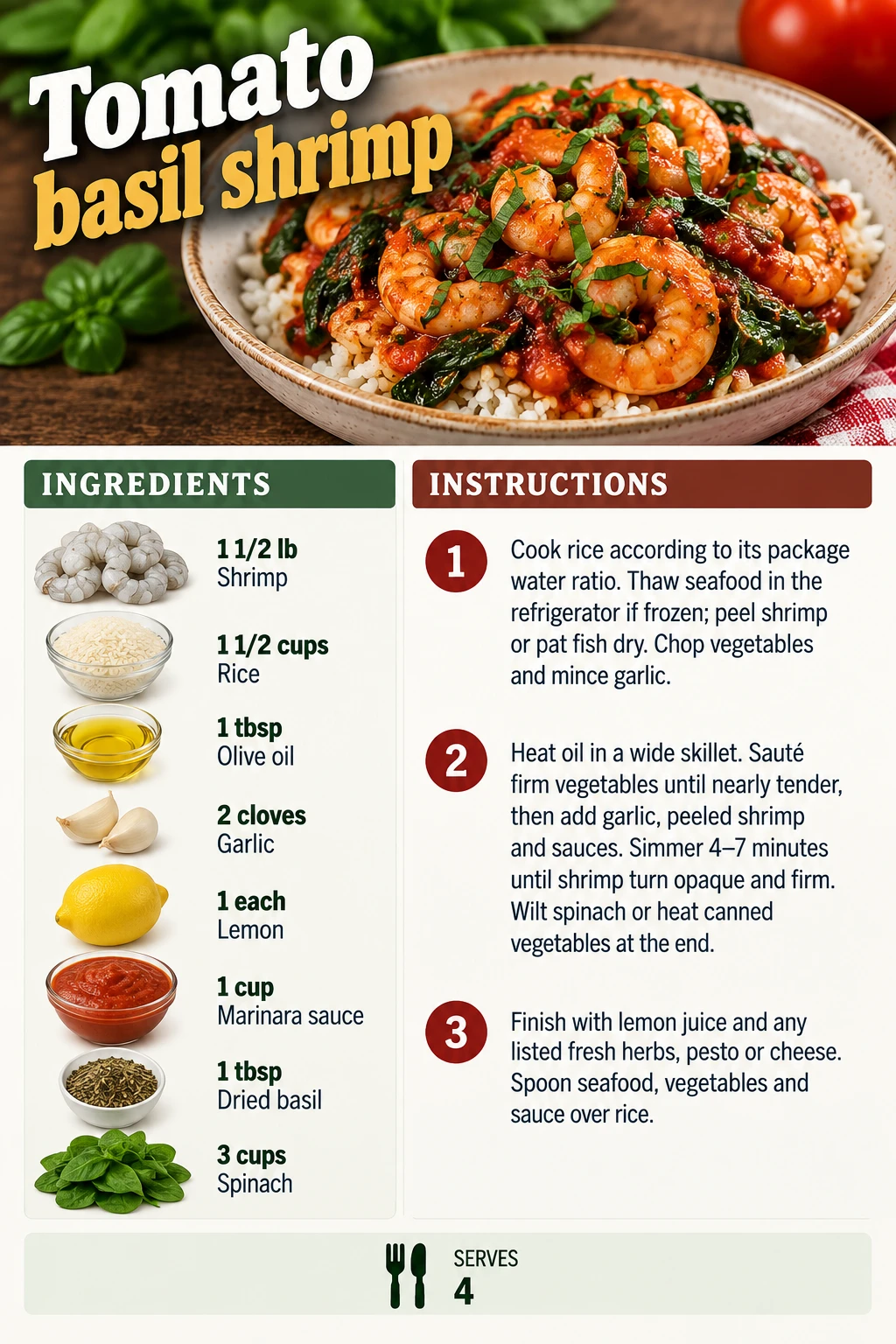 Saved Tomato basil shrimp recipe card; accessible ingredients and instructions are listed above.