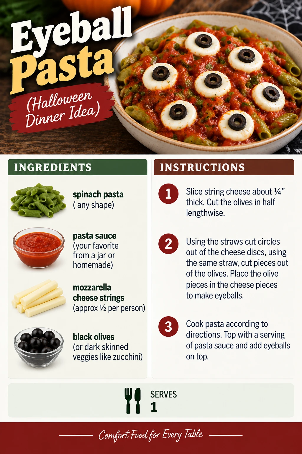 Saved Eyeball Pasta (Halloween Dinner Idea) recipe card; accessible ingredients and instructions are listed above.
