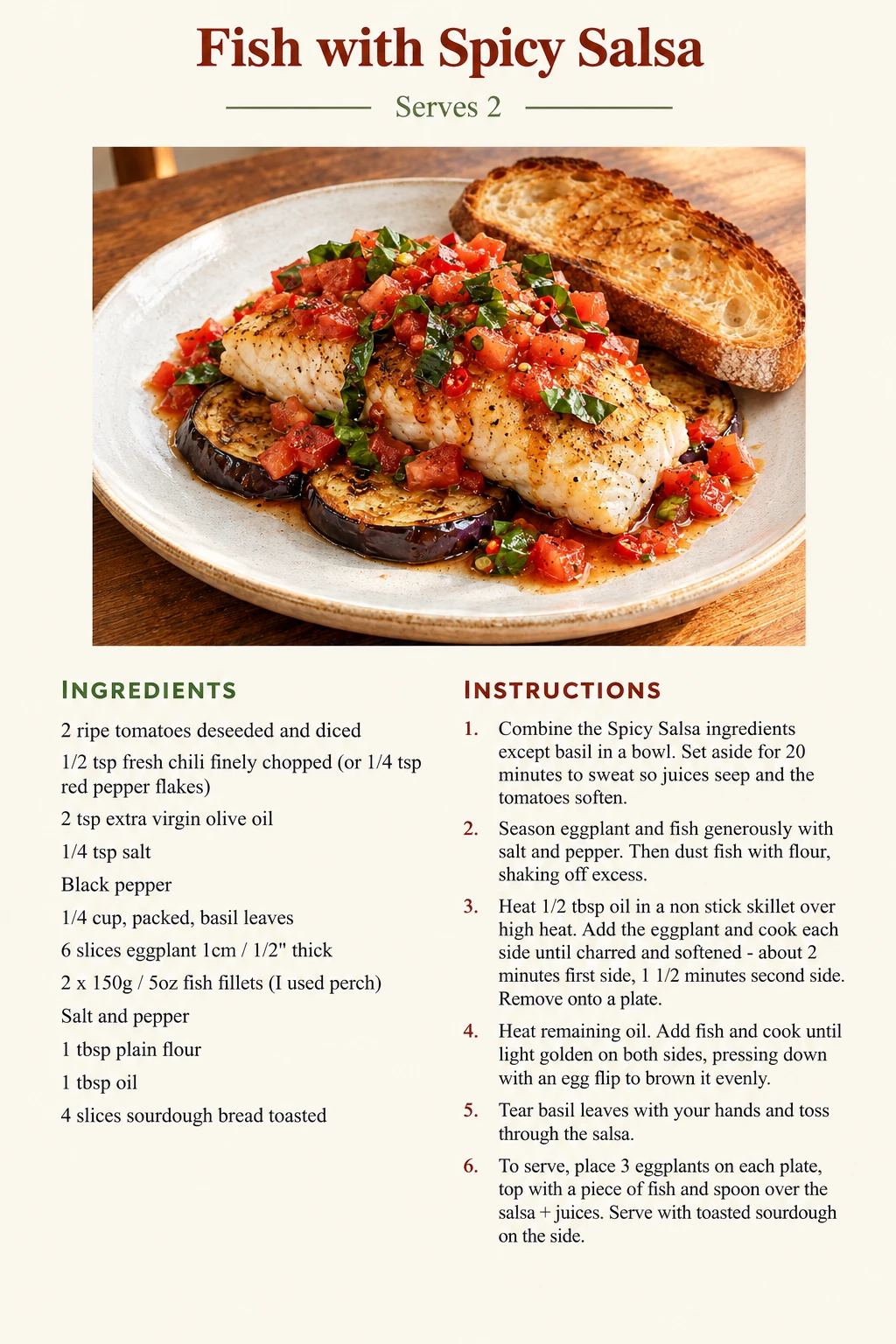 Saved Fish with Spicy Salsa recipe card; accessible ingredients and instructions are listed above.