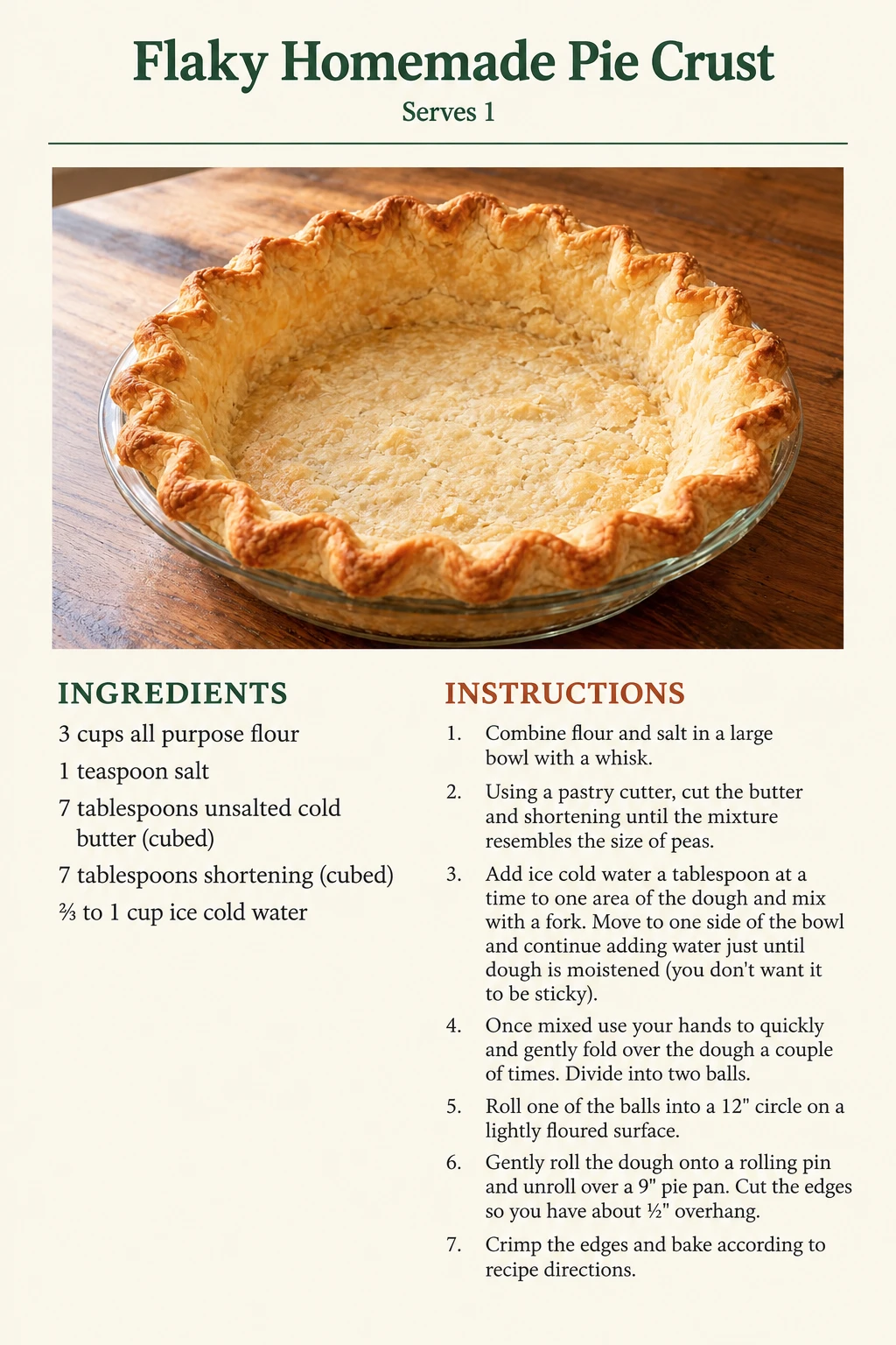 Saved Flaky Homemade Pie Crust recipe card; accessible ingredients and instructions are listed above.