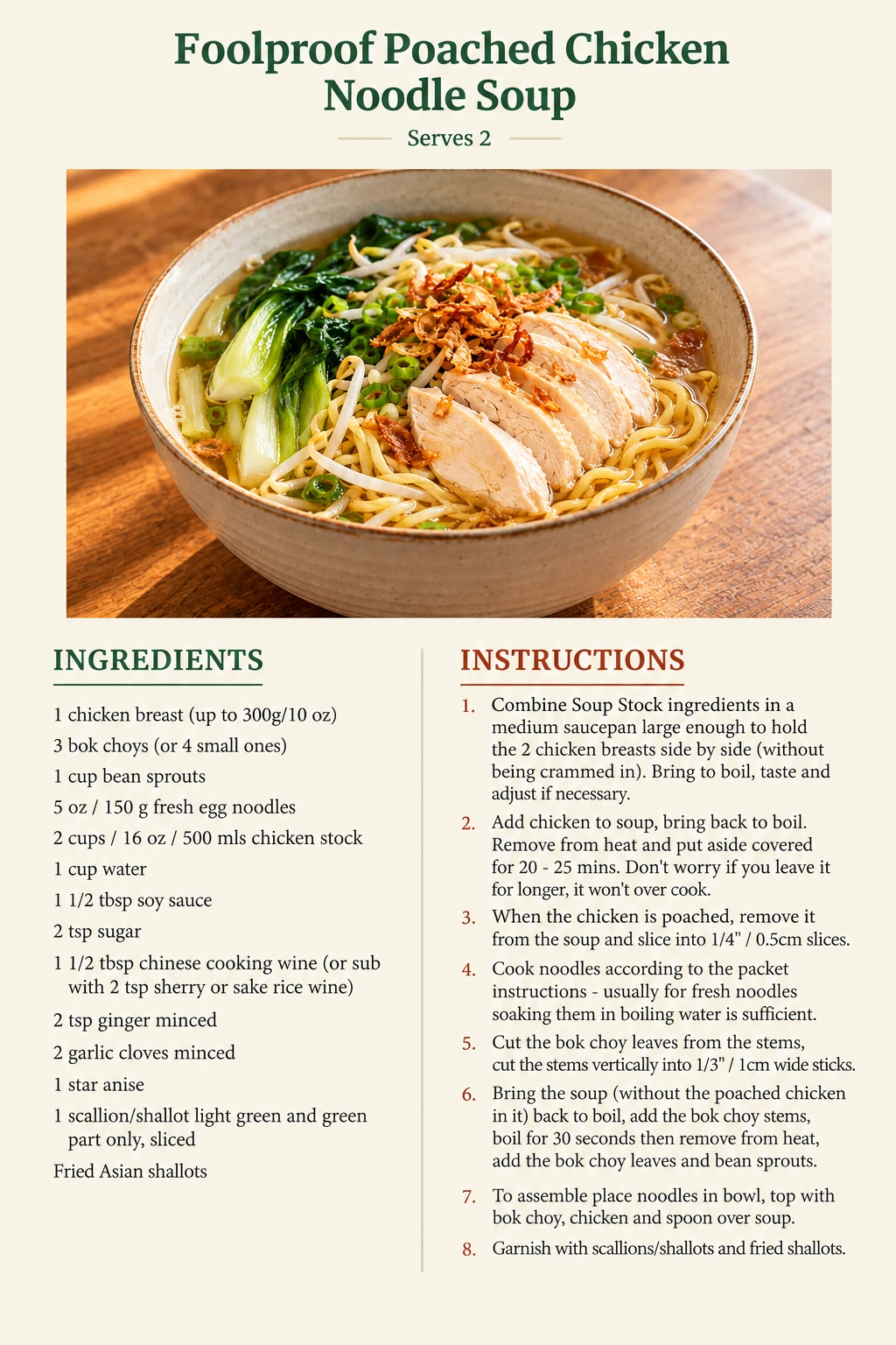 Saved Foolproof Poached Chicken Noodle Soup recipe card; accessible ingredients and instructions are listed above.