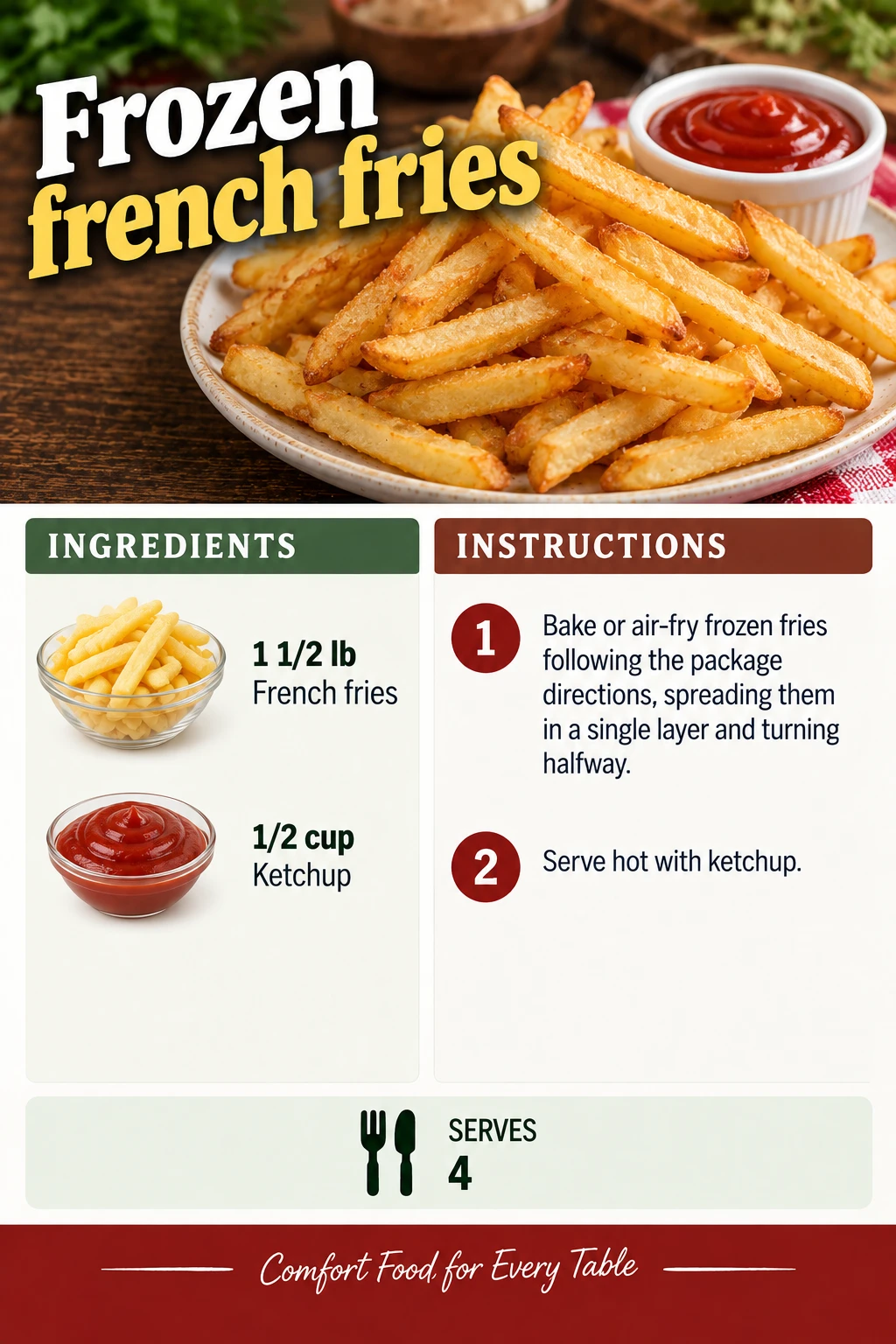 Saved Frozen french fries recipe card; accessible ingredients and instructions are listed above.
