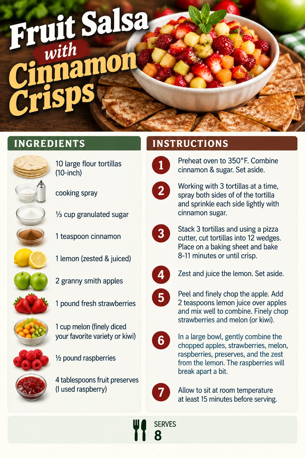 Saved Fruit Salsa with Cinnamon Crisps recipe card; accessible ingredients and instructions are listed above.