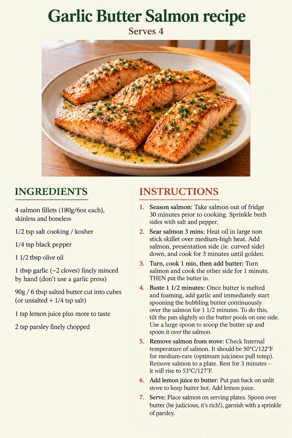 Saved Garlic Butter Salmon recipe recipe card; accessible ingredients and instructions are listed above.