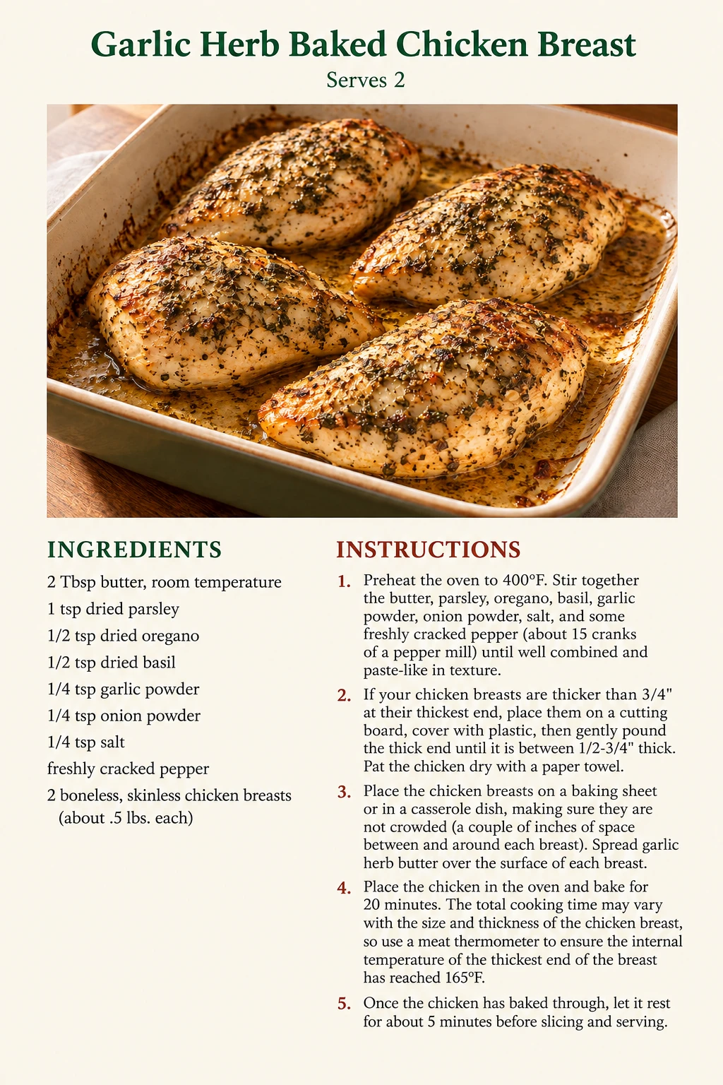 Saved Garlic Herb Baked Chicken Breast recipe card; accessible ingredients and instructions are listed above.
