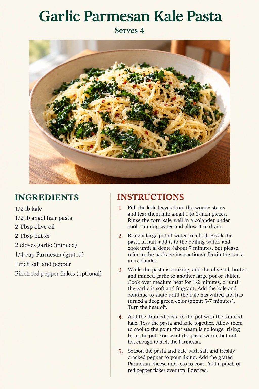 Saved Garlic Parmesan Kale Pasta recipe card; accessible ingredients and instructions are listed above.