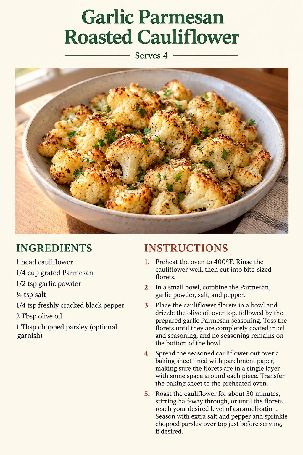 Saved Garlic Parmesan Roasted Cauliflower recipe card; accessible ingredients and instructions are listed above.