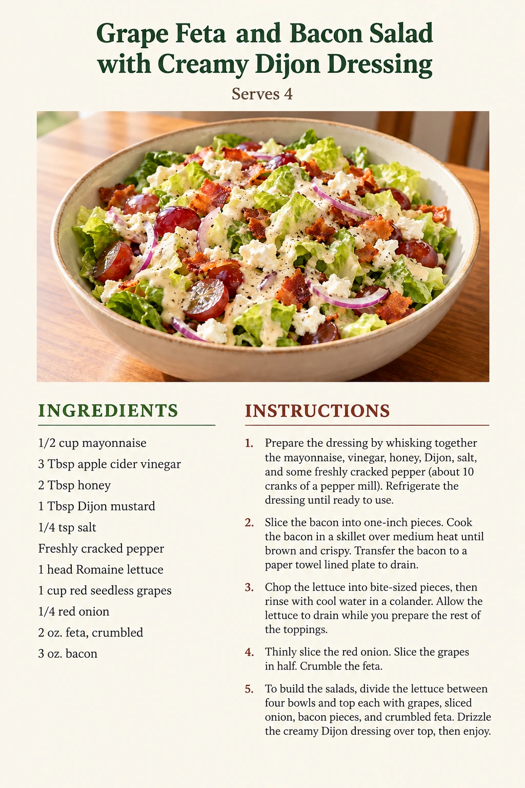 Saved Grape Feta and Bacon Salad with Creamy Dijon Dressing recipe card; accessible ingredients and instructions are listed above.