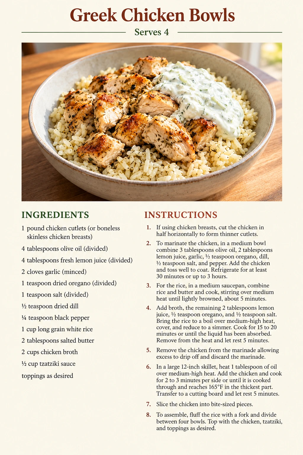 Saved Greek Chicken Bowls recipe card; accessible ingredients and instructions are listed above.