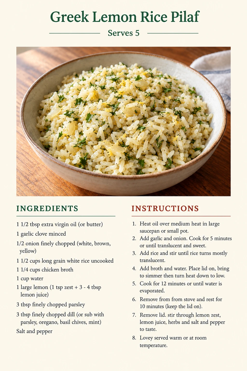 Saved Greek Lemon Rice Pilaf recipe card; accessible ingredients and instructions are listed above.