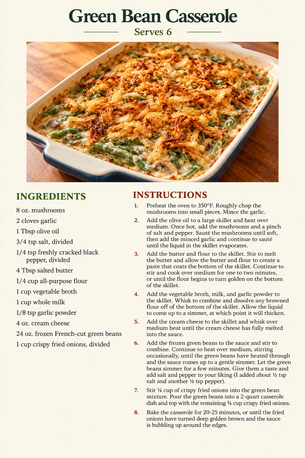 Saved Green Bean Casserole recipe card; accessible ingredients and instructions are listed above.