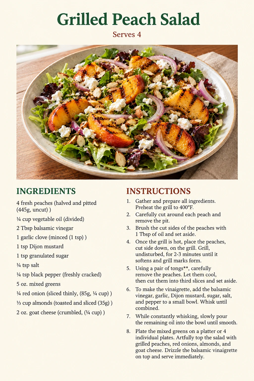 Saved Grilled Peach Salad recipe card; accessible ingredients and instructions are listed above.