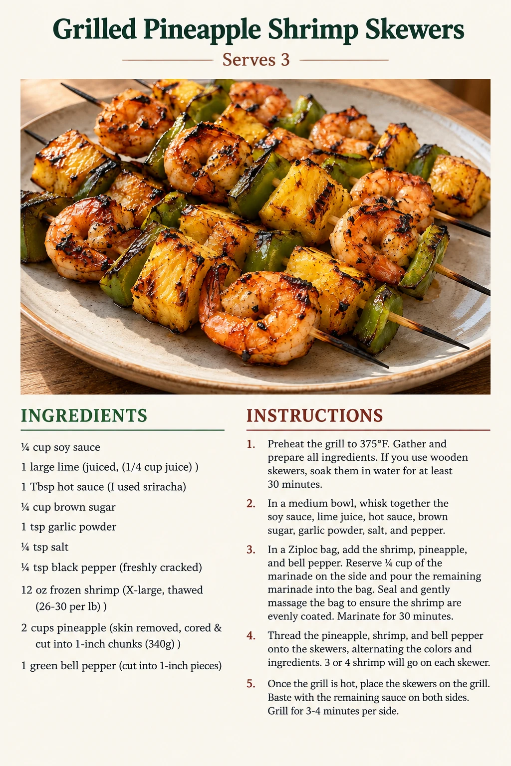 Saved Grilled Pineapple Shrimp Skewers recipe card; accessible ingredients and instructions are listed above.