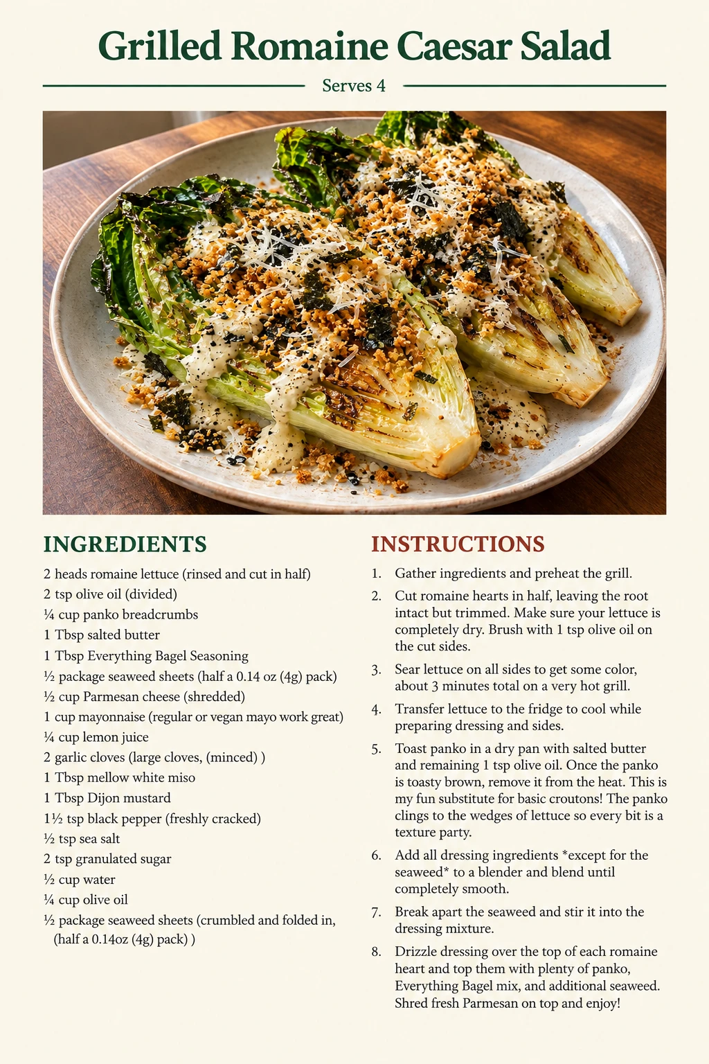 Saved Grilled Romaine Caesar Salad recipe card; accessible ingredients and instructions are listed above.