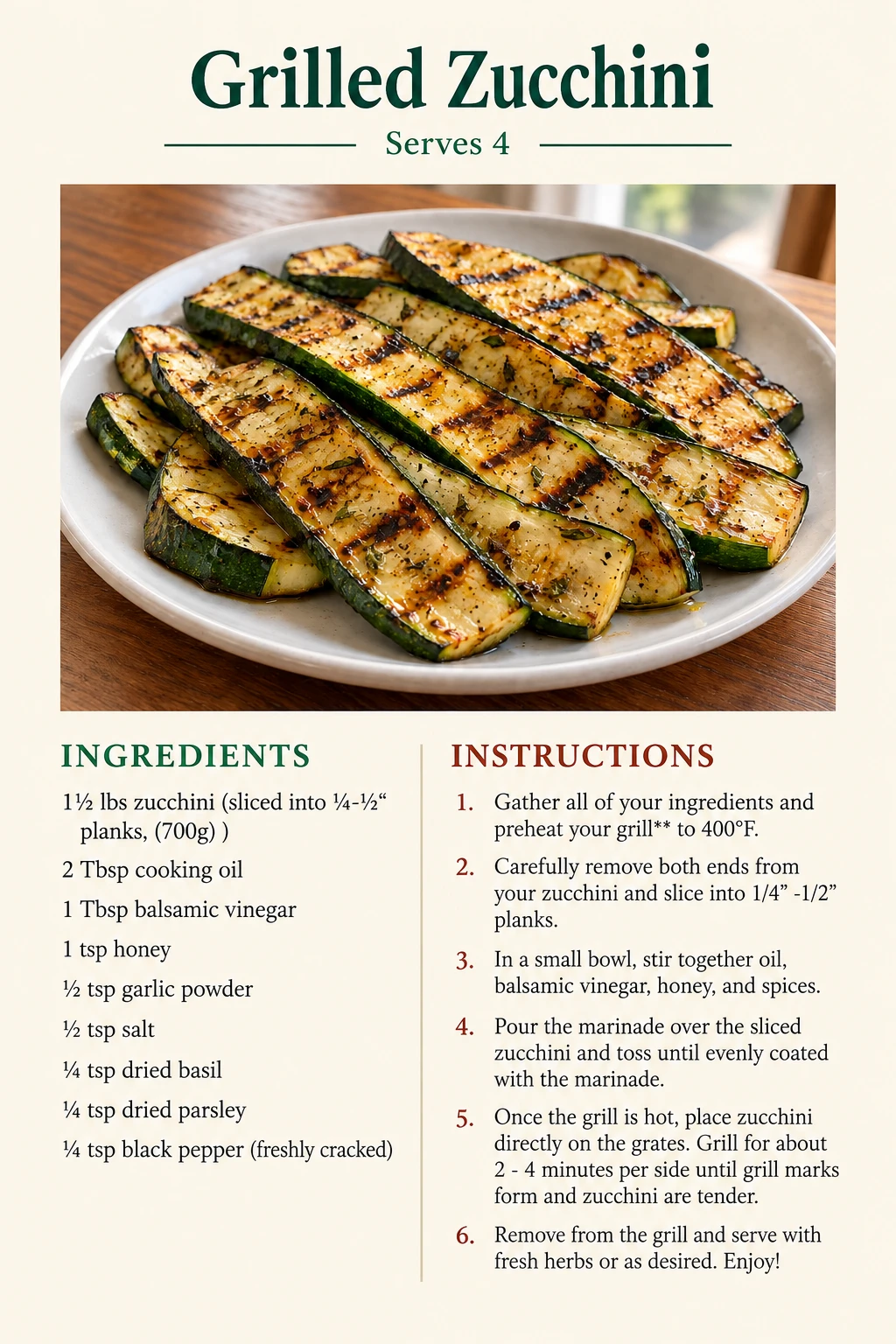 Saved Grilled Zucchini recipe card; accessible ingredients and instructions are listed above.
