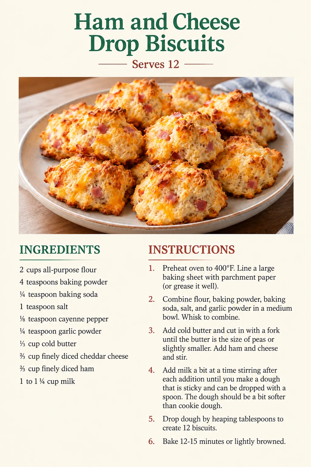 Saved Ham and Cheese Drop Biscuits recipe card; accessible ingredients and instructions are listed above.
