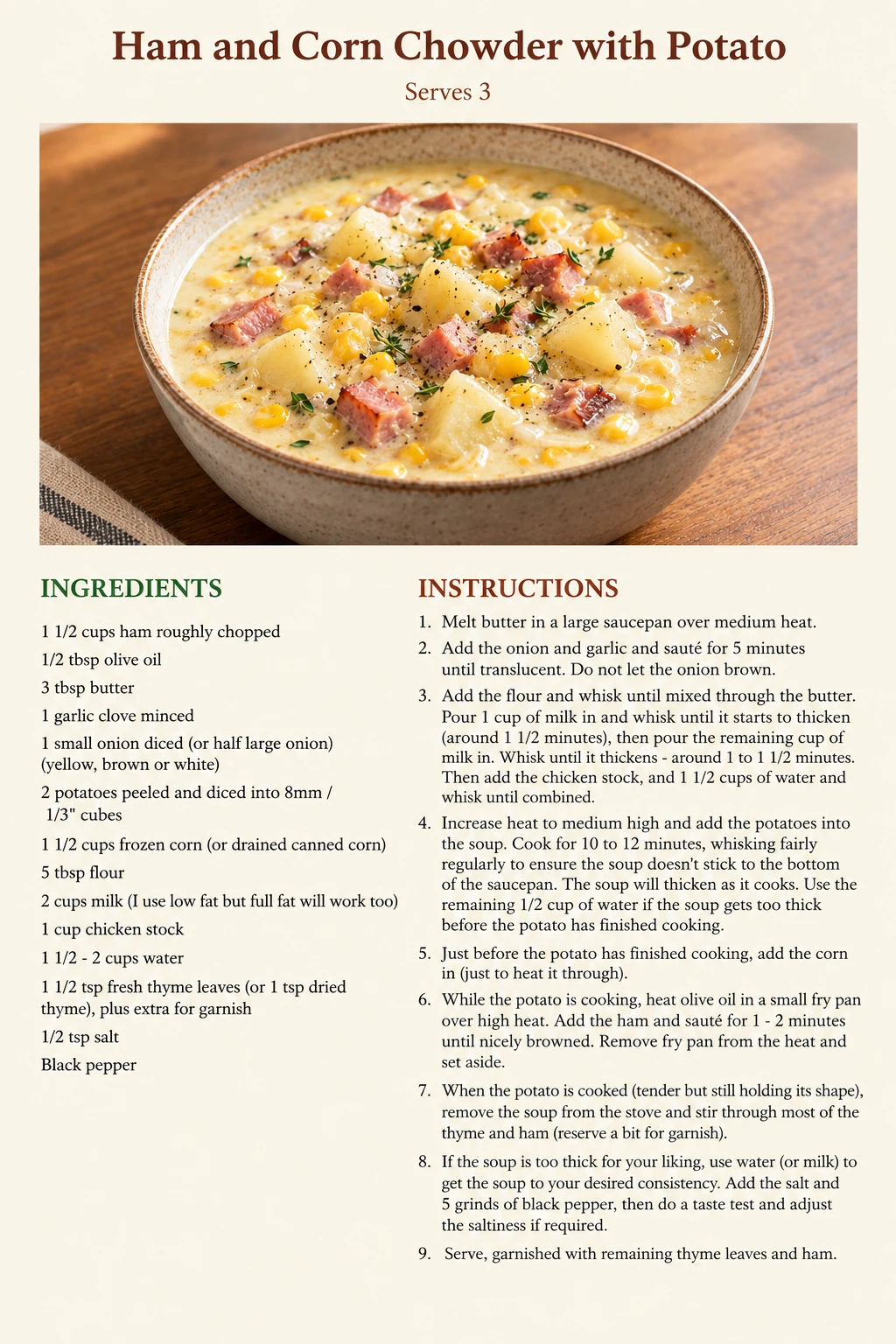 Saved Ham and Corn Chowder with Potato recipe card; accessible ingredients and instructions are listed above.