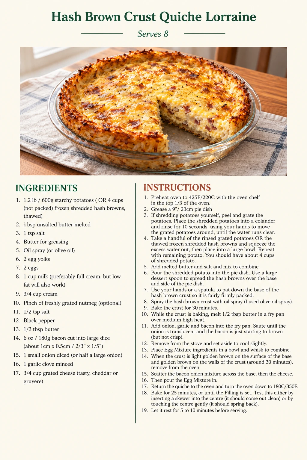 Saved Hash Brown Crust Quiche Lorraine recipe card; accessible ingredients and instructions are listed above.