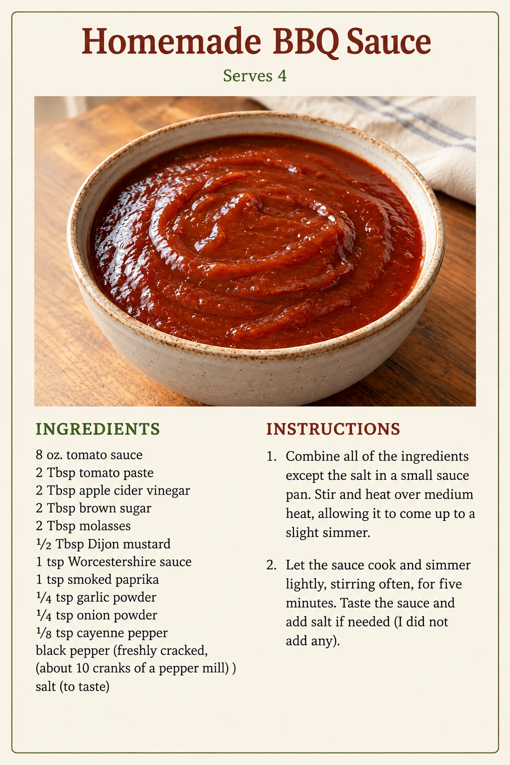 Saved Homemade BBQ Sauce recipe card; accessible ingredients and instructions are listed above.