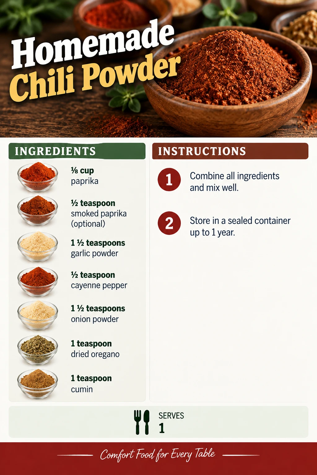 Saved Homemade Chili Powder recipe card; accessible ingredients and instructions are listed above.