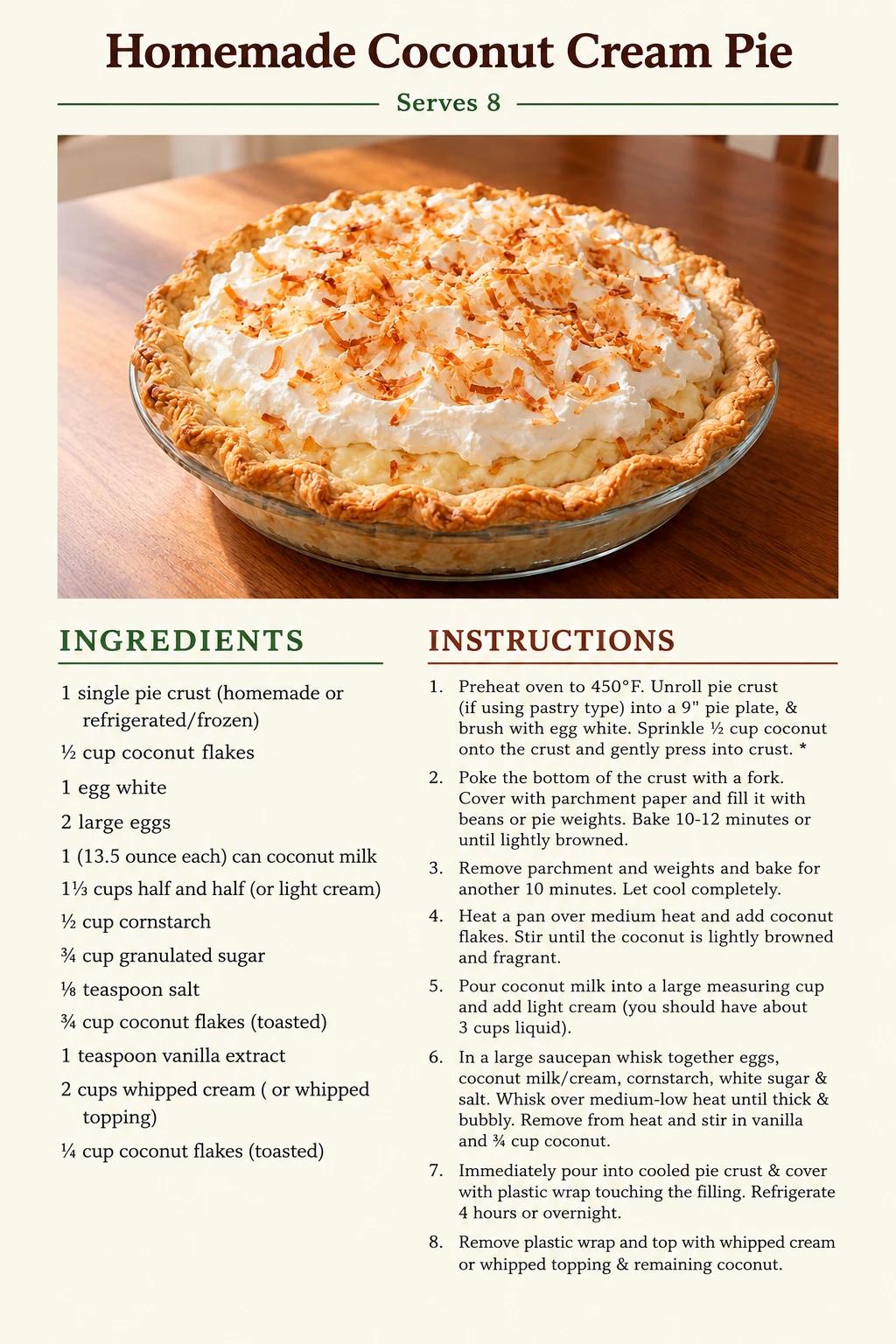 Saved Homemade Coconut Cream Pie recipe card; accessible ingredients and instructions are listed above.