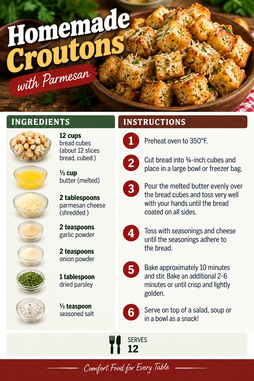 Saved Homemade Croutons with Parmesan recipe card; accessible ingredients and instructions are listed above.