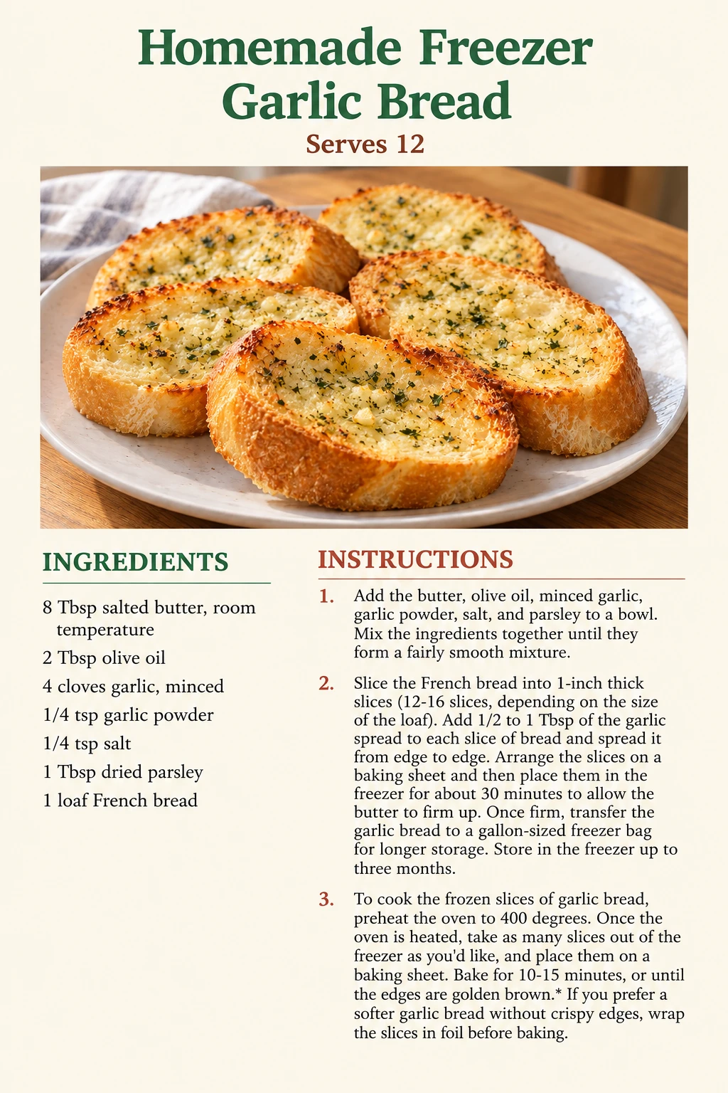 Saved Homemade Freezer Garlic Bread recipe card; accessible ingredients and instructions are listed above.