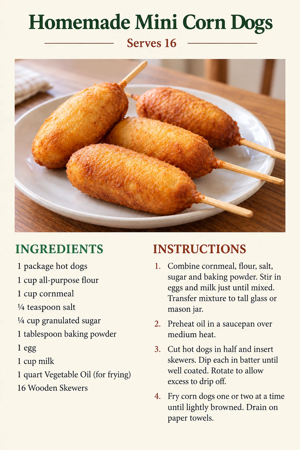 Saved Homemade Mini Corn Dogs recipe card; accessible ingredients and instructions are listed above.