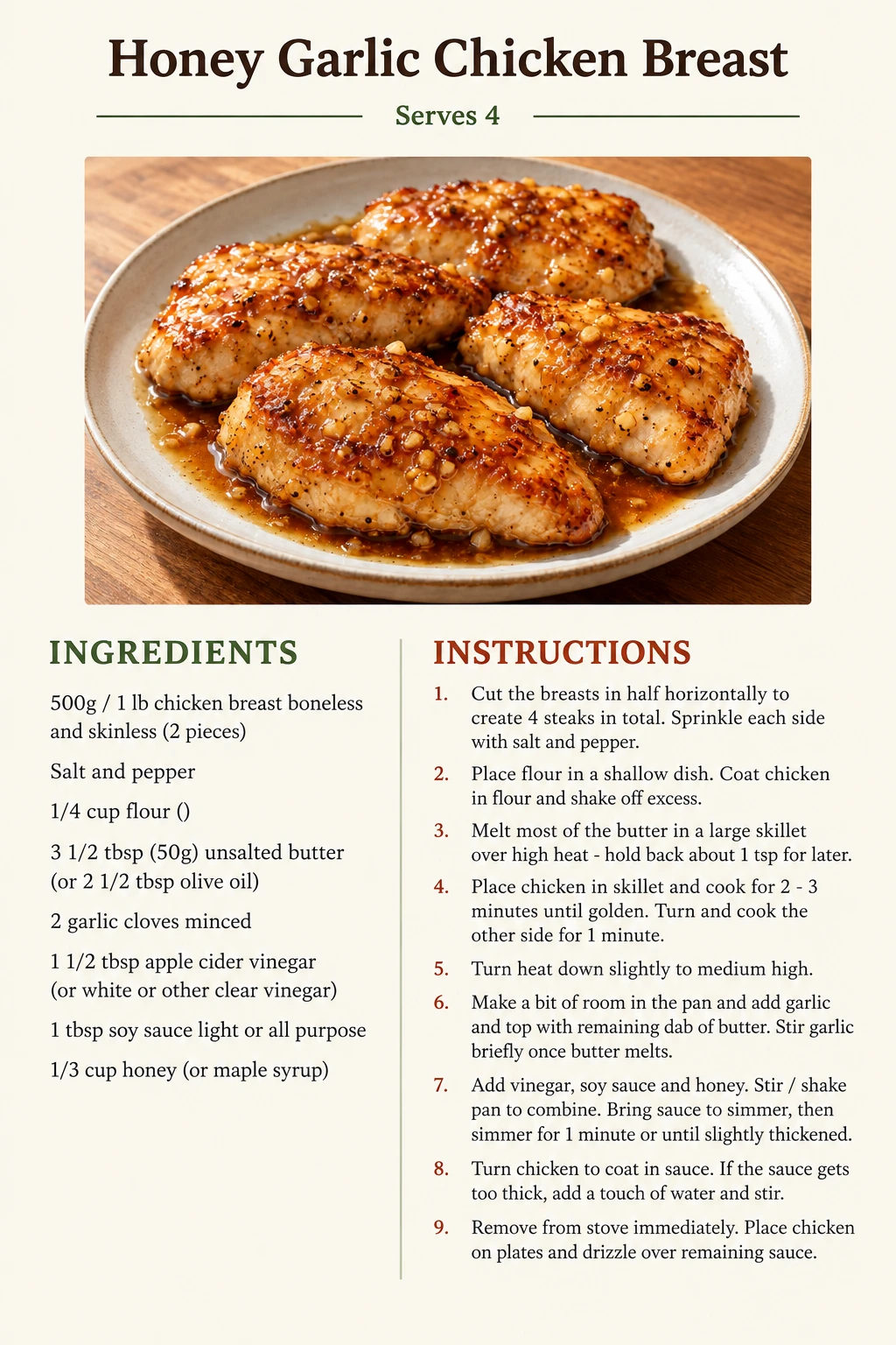 Saved Honey Garlic Chicken Breast recipe card; accessible ingredients and instructions are listed above.