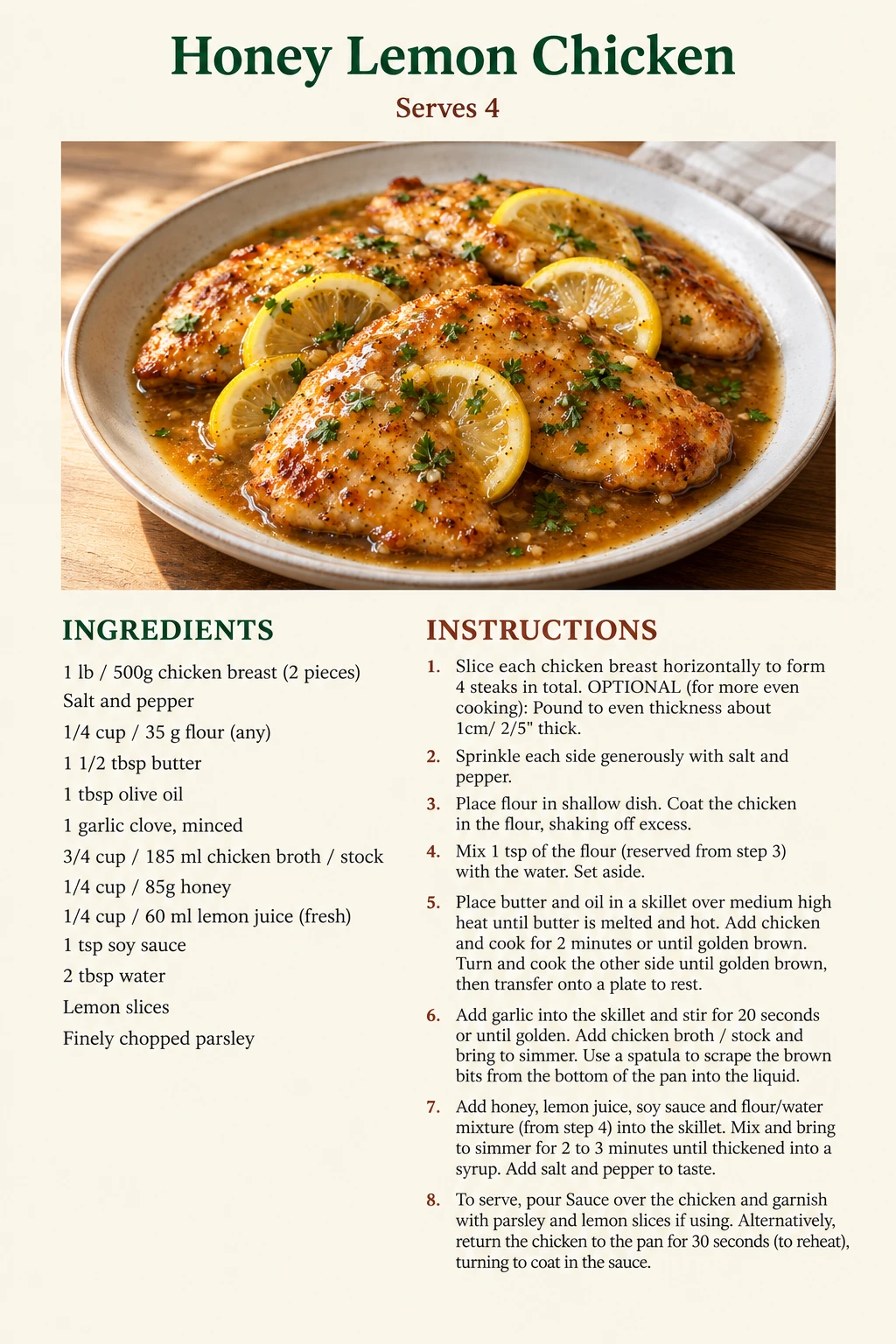 Saved Honey Lemon Chicken recipe card; accessible ingredients and instructions are listed above.