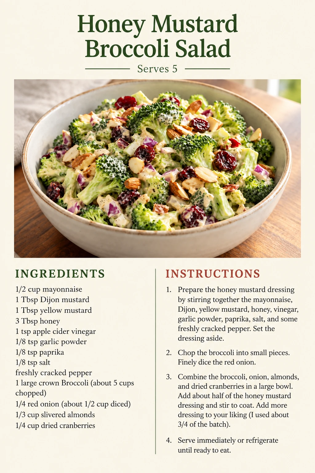 Saved Honey Mustard Broccoli Salad recipe card; accessible ingredients and instructions are listed above.