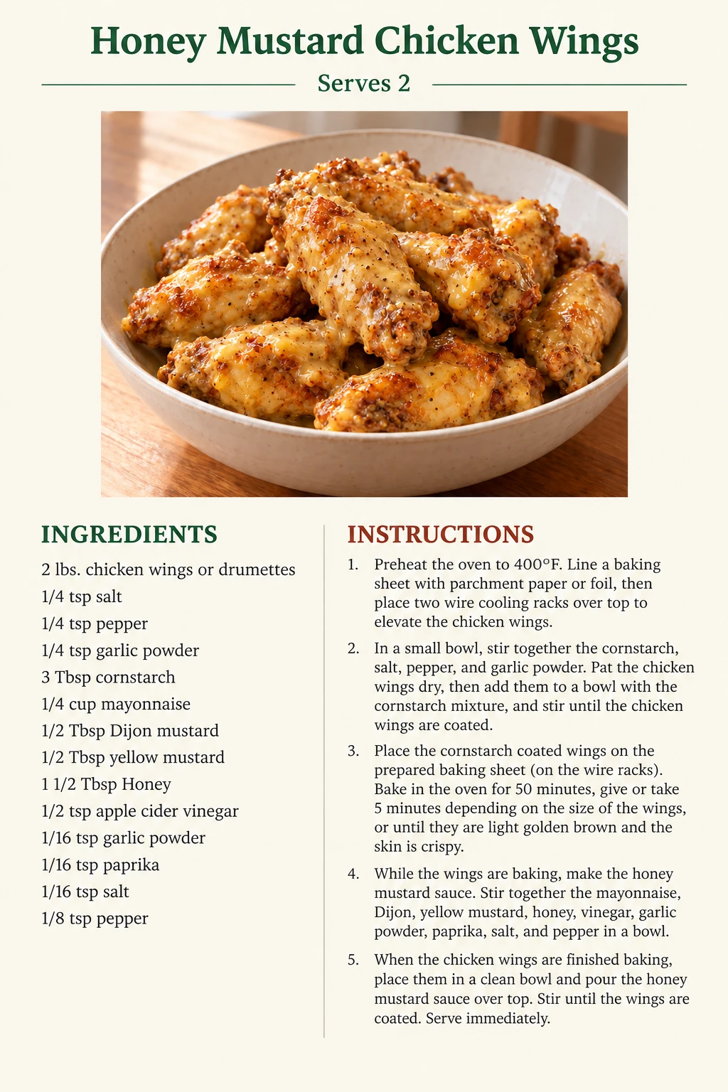 Saved Honey Mustard Chicken Wings recipe card; accessible ingredients and instructions are listed above.