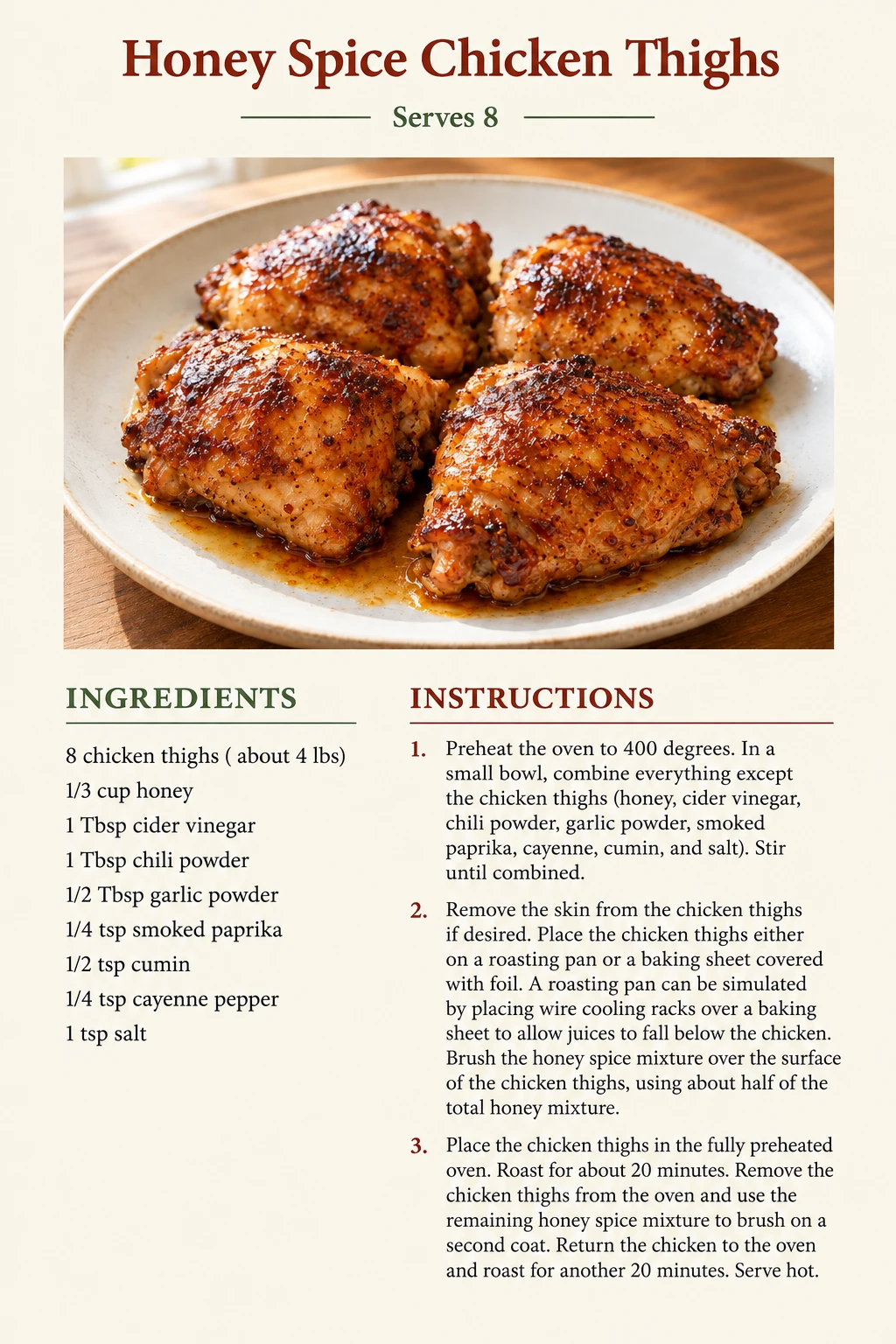 Saved Honey Spice Chicken Thighs recipe card; accessible ingredients and instructions are listed above.