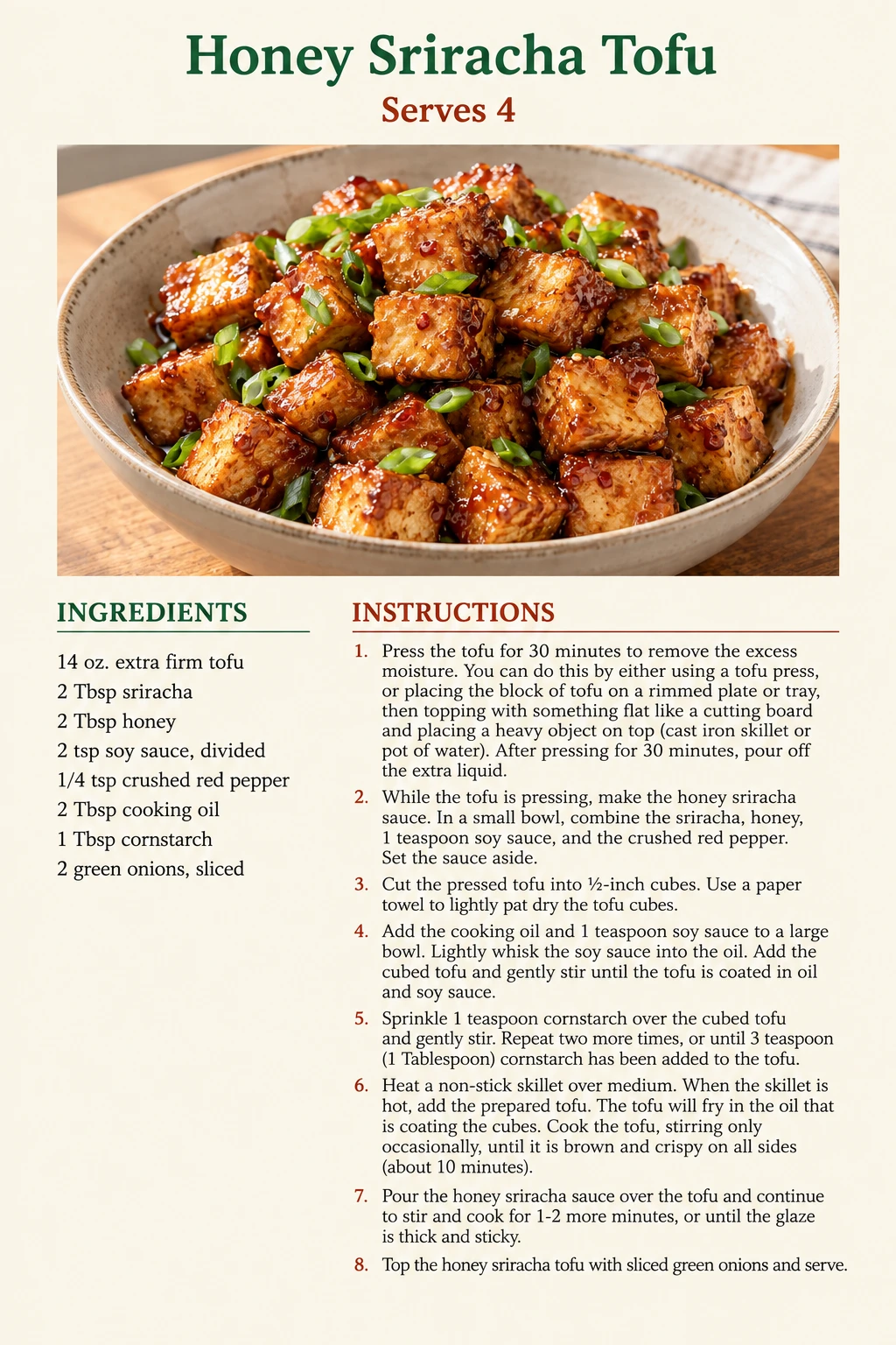 Saved Honey Sriracha Tofu recipe card; accessible ingredients and instructions are listed above.