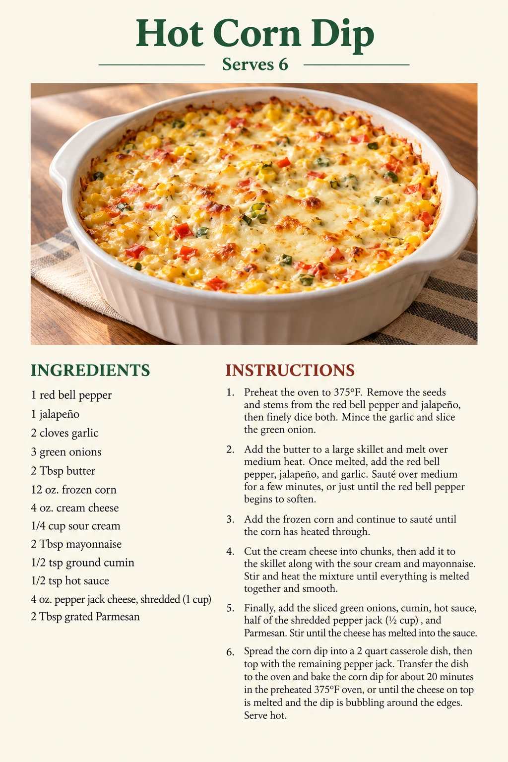 Saved Hot Corn Dip recipe card; accessible ingredients and instructions are listed above.