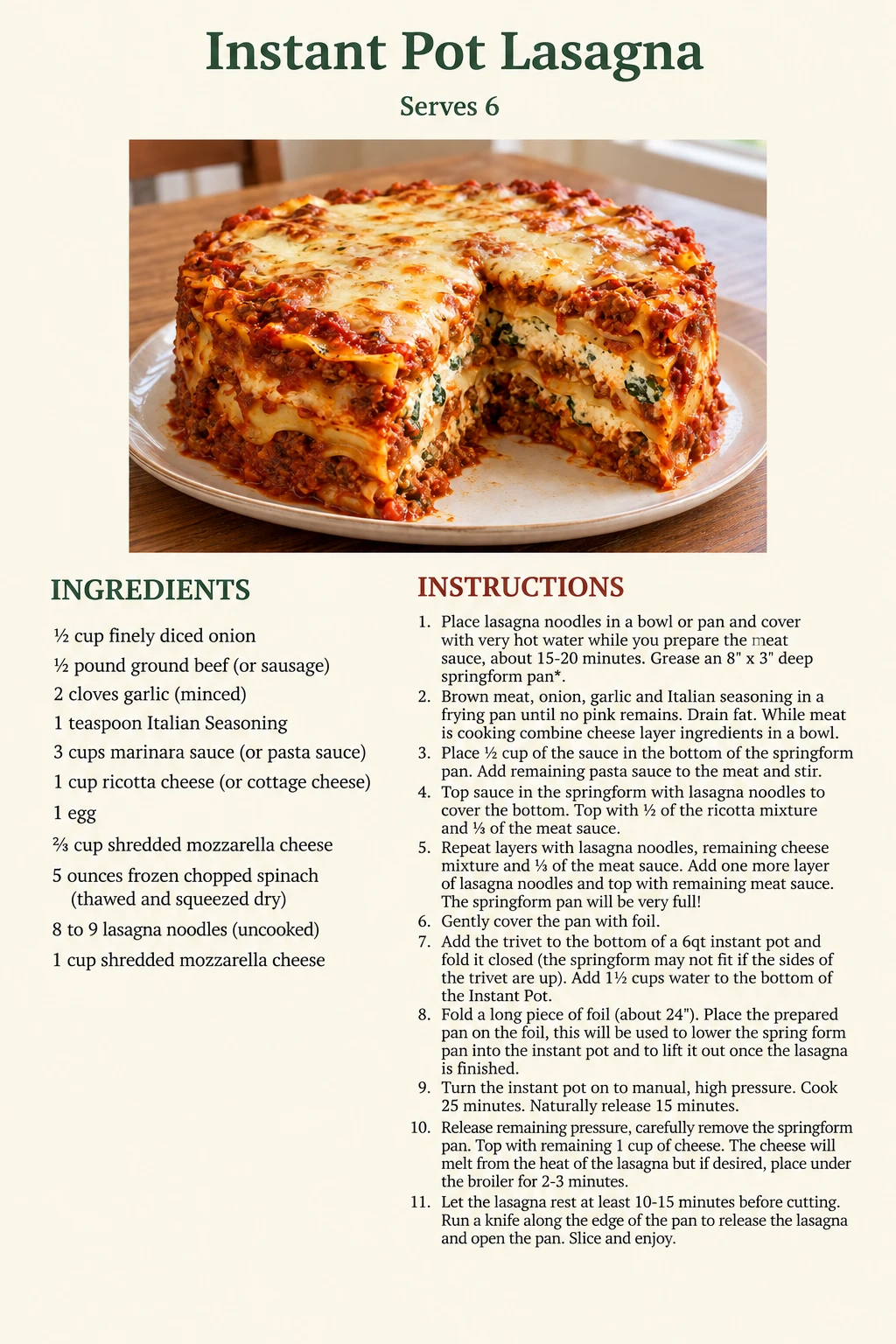 Saved Instant Pot Lasagna recipe card; accessible ingredients and instructions are listed above.