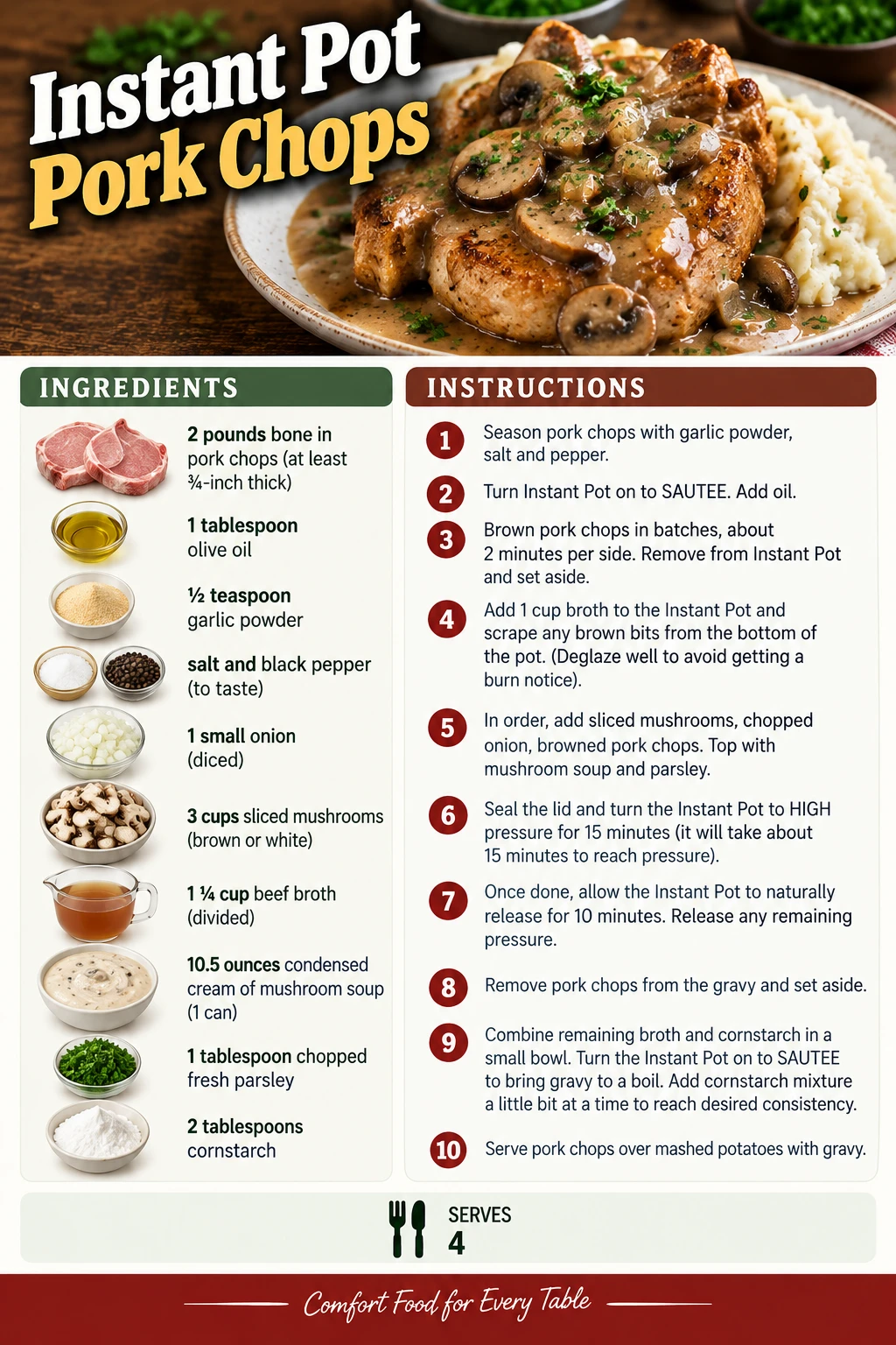 Saved Instant Pot Pork Chops recipe card; accessible ingredients and instructions are listed above.