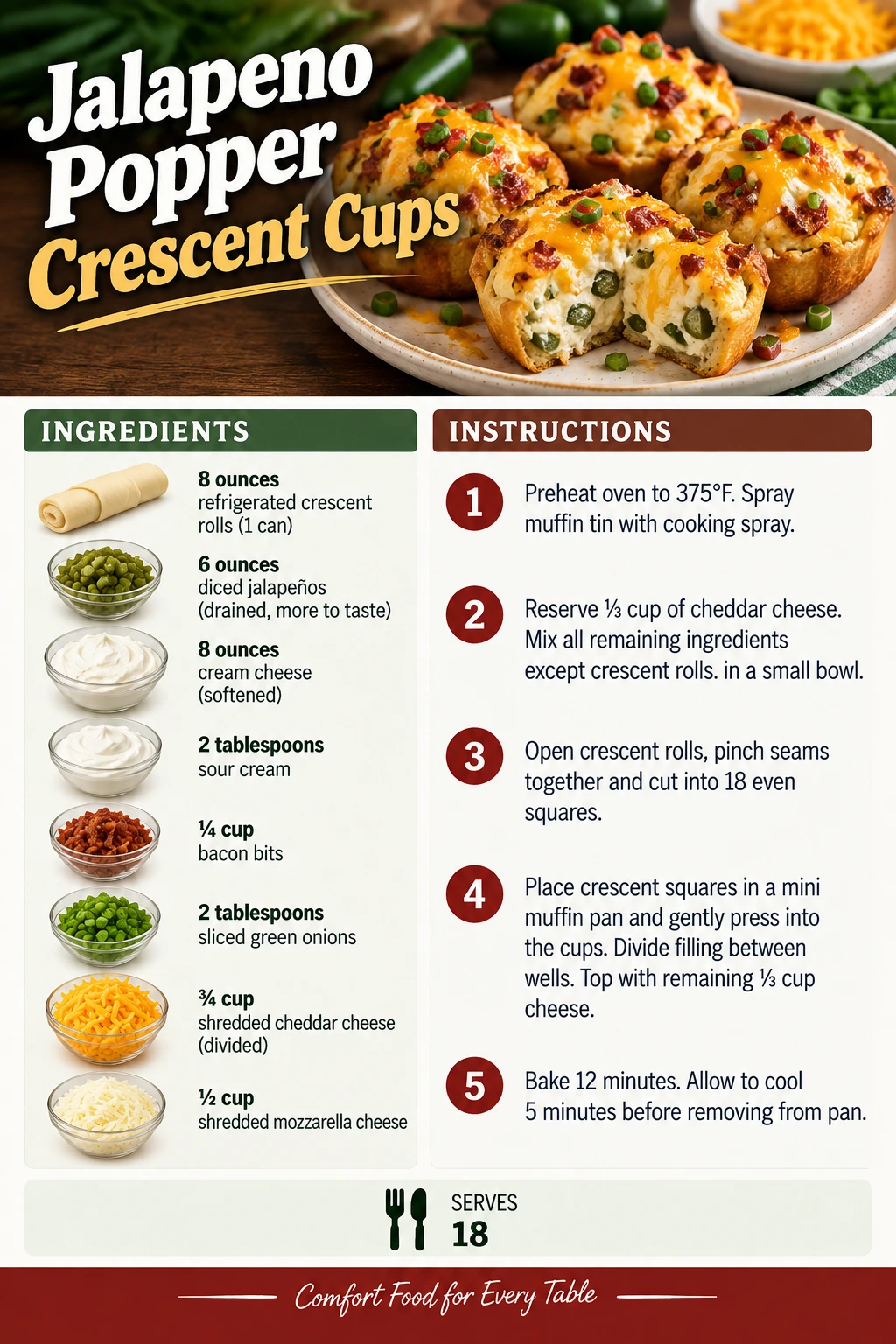 Saved Jalapeno Popper Crescent Cups recipe card; accessible ingredients and instructions are listed above.