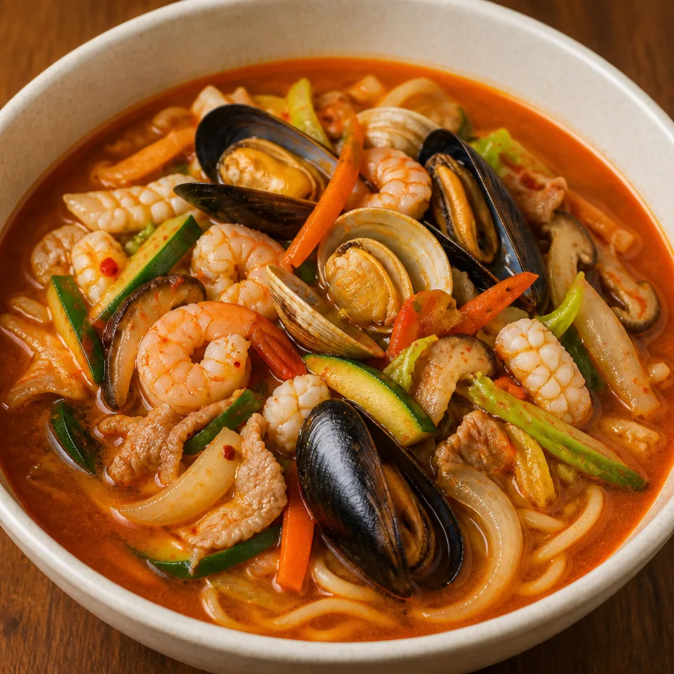 Jjamppong (spicy seafood noodle soup) — serving inspiration