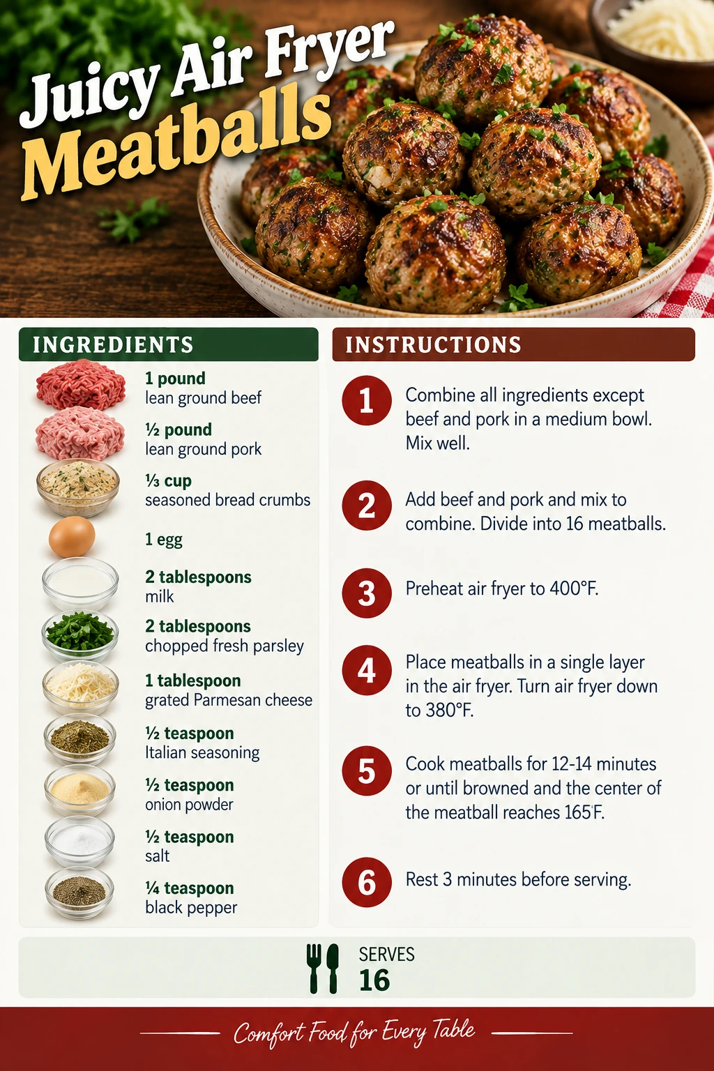 Saved Juicy Air Fryer Meatballs recipe card; accessible ingredients and instructions are listed above.